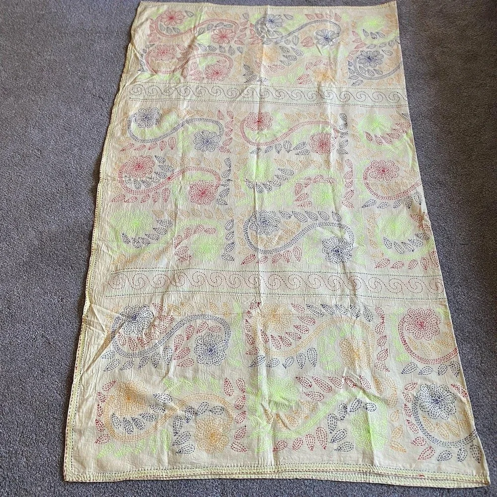 Vintage Handmade Kantha Embroidered Coverlet 80x92 Multicolor Floral Boho